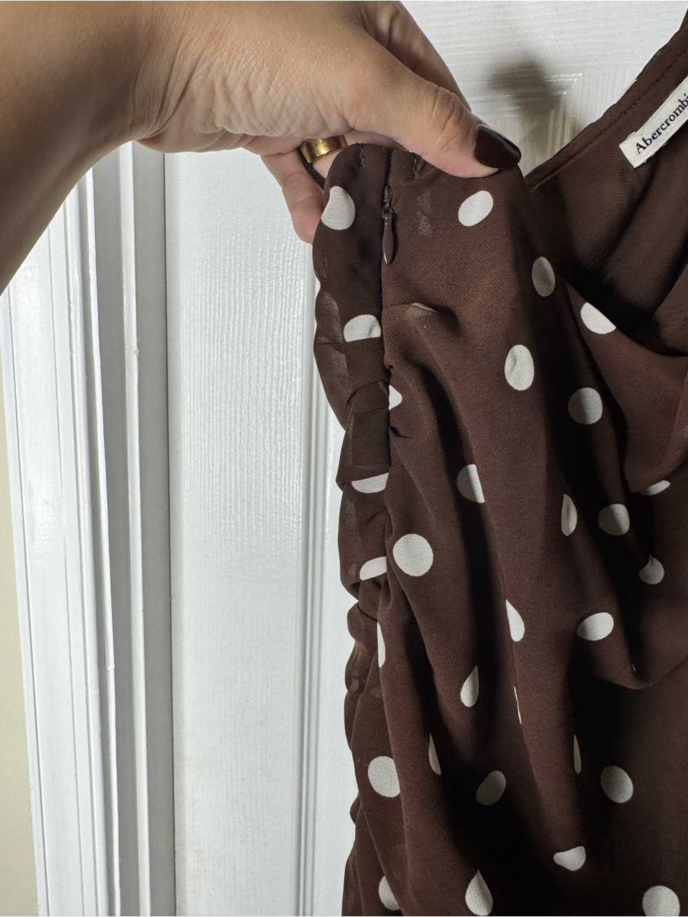 Abercrombie and Fitch One-Shoulder Brown Polka Dot Dress Size Large - Picture 4 of 7